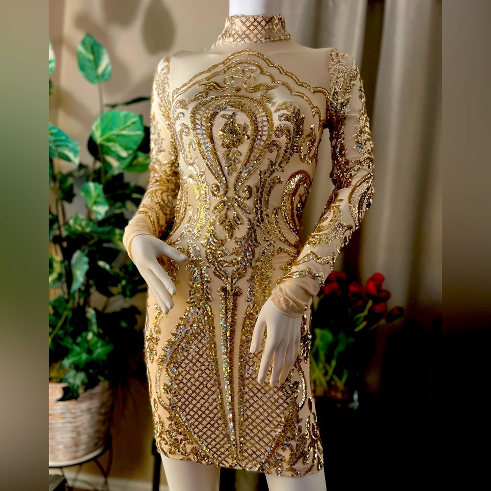 Gold Long Sleeves Dress Calcy Sequin by FashionNova